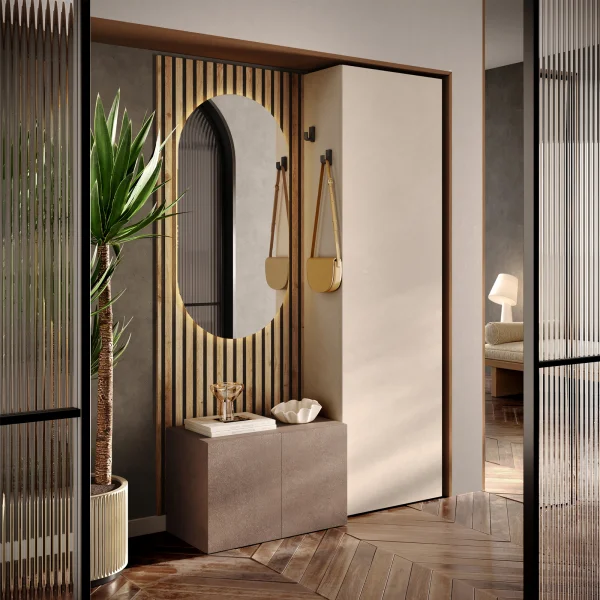 Mobile ingresso 118x180h cm pannello cannettato beige marrone rovere chiaro Sunset Decor 1023
