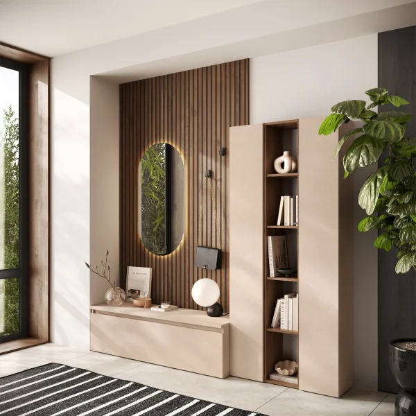Mobile ingresso 222x220h cm pannello cannettato beige cashmere rovere scuro Sunset Decor 1014