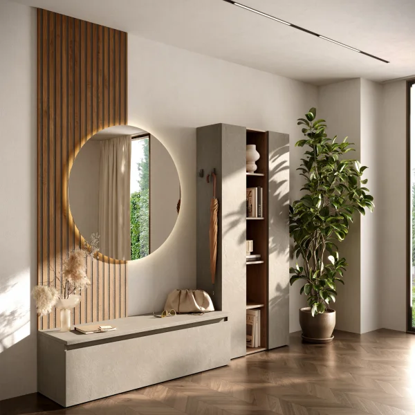 Mobile ingresso 222x220h cm pannello cannettato tortora rovere chiaro Sunset Decor 1016