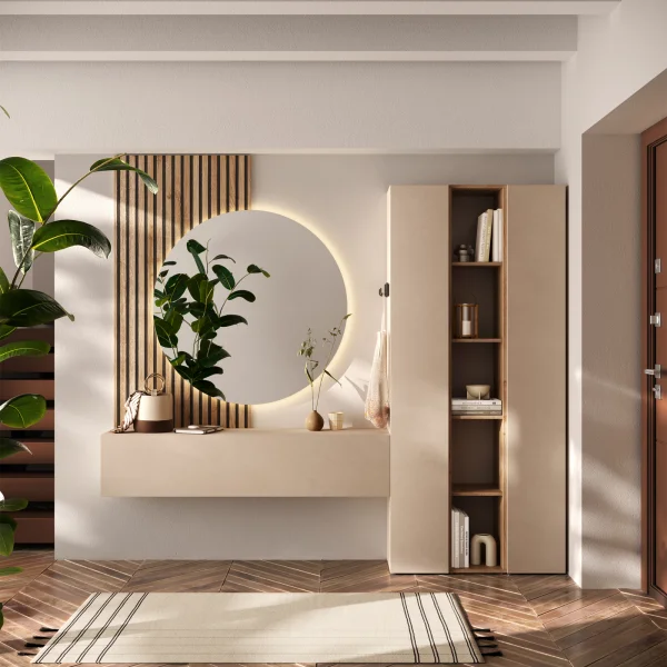Mobile ingresso 222x240h cm pannello cannettato beige cashmere rovere chiaro Sunset Decor 1017