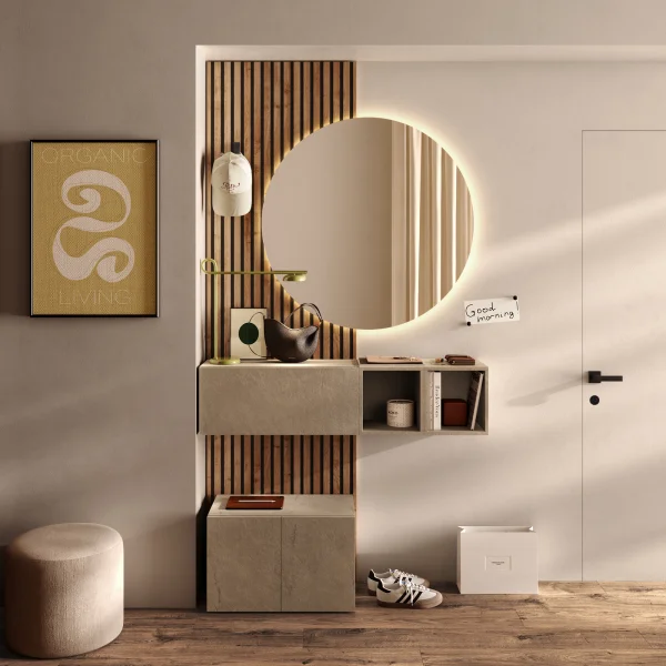 Mobile ingresso sospeso consolle 125x240h cm pannello cannettato tortora rovere chiaro Sunset Decor 1007