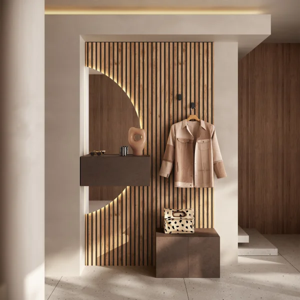 Mobile ingresso sospeso consolle 132x240h cm pannello cannettato marrone rovere chiaro Sunset Decor 1020
