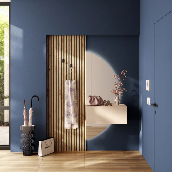 Mobile ingresso sospeso consolle 138x240h cm pannello cannettato beige rovere chiaro Sunset Decor 1021