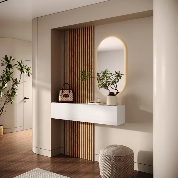 Mobile ingresso sospeso consolle 138x240h cm pannello cannettato bianco lucido rovere chiaro Sunset Decor 1008