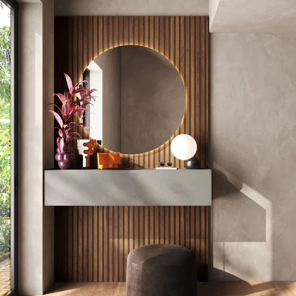 Mobile ingresso sospeso consolle 138x240h cm pannello cannettato grigio scuro rovere scuro Sunset Decor 1009