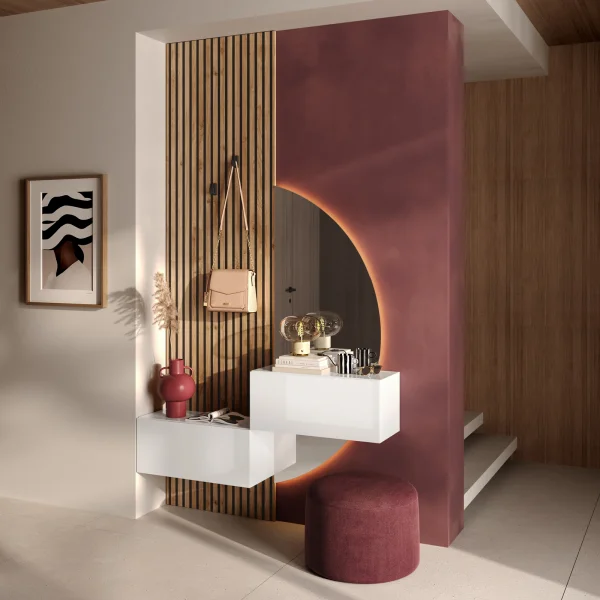 Mobile ingresso sospeso consolle 138x260h cm pannello cannettato bianco lucido rovere chiaro Sunset Decor 1024