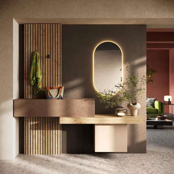 Mobile ingresso sospeso consolle 207x240h cm pannello cannettato beige marrone rovere chiaro Sunset Decor 1011