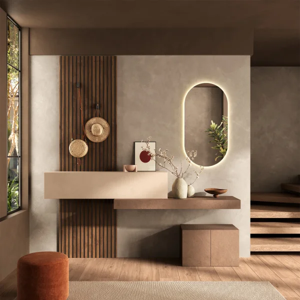 Mobile ingresso sospeso consolle 207x240h cm pannello cannettato beige marrone rovere scuro Sunset Decor 1010