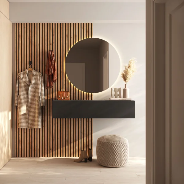 Mobile ingresso sospeso consolle 207x240h cm pannello cannettato ossido rovere chiaro Sunset Decor 1006