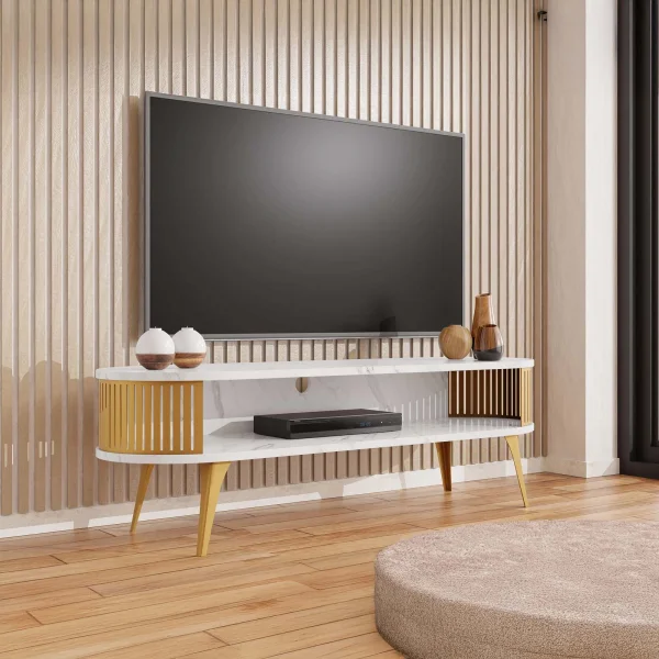 Mobile porta TV 140x44h cm ovale dorato effetto marmo bianco Valeris