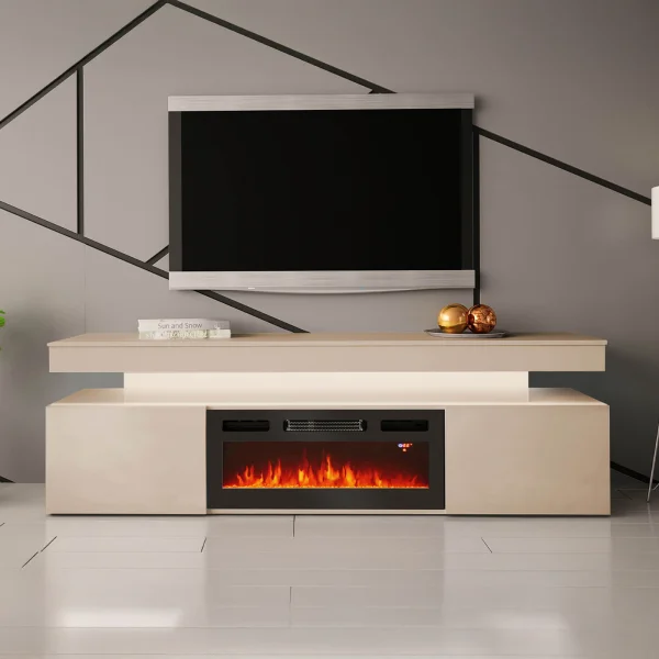 Mobile porta TV 190x59h cm 2 ante con caminetto con LED beige cashmere Lumus