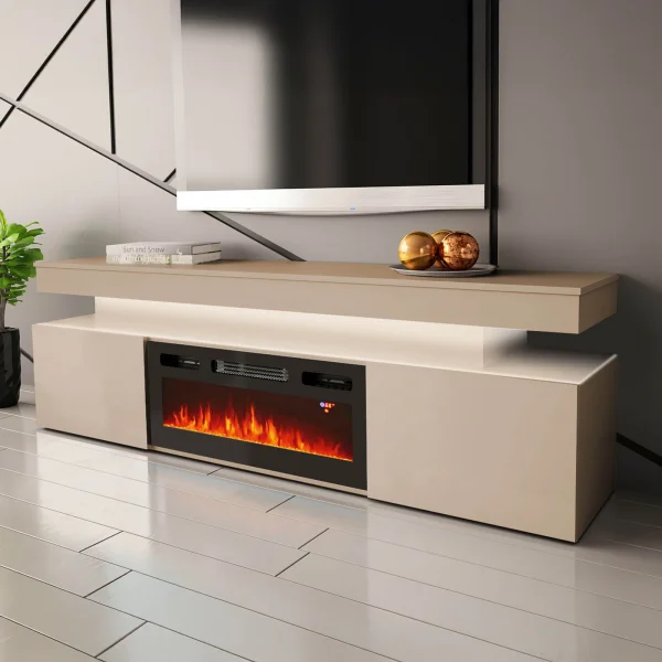 Mobile porta TV 190x59h cm 2 ante con caminetto con LED beige cashmere Lumus