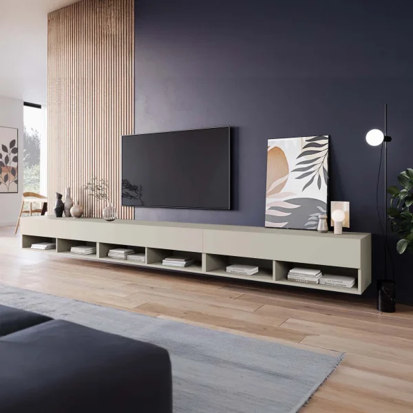 Mobile porta TV 300x30h cm 3 ante a ribalta e vani a vista beige cashmere Elisea
