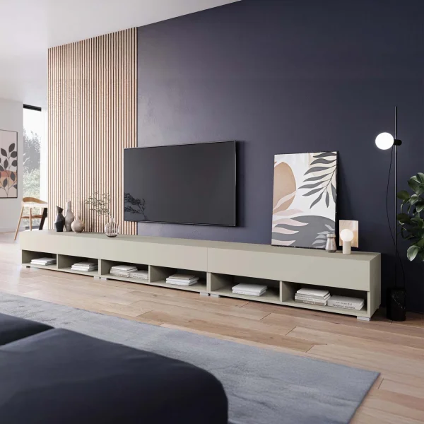 Mobile porta TV 300x30h cm 3 ante a ribalta e vani a vista beige cashmere Elisea