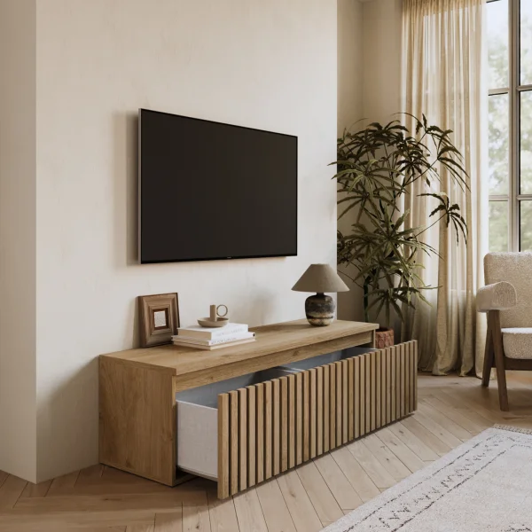 Mobile porta tv cannettato 138x40h cm con cassettone rovere chiaro Sunset Decor