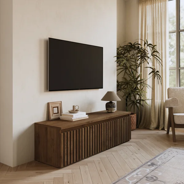 Mobile porta tv cannettato 138x40h cm con cassettone rovere scuro Sunset Decor