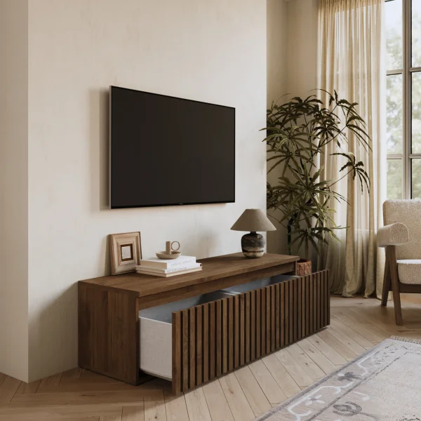 Mobile porta tv cannettato 138x40h cm con cassettone rovere scuro Sunset Decor