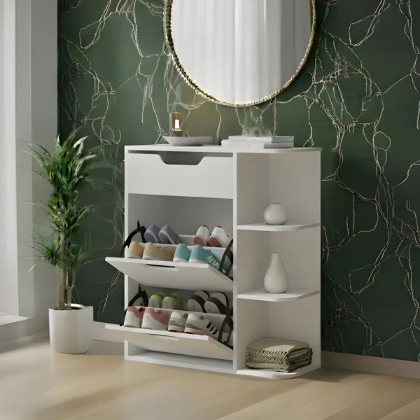 Mobile scarpiera ingresso 90x106h cm 1 cassetto 2 ante a ribalta 3 vani a vista bianco Alma