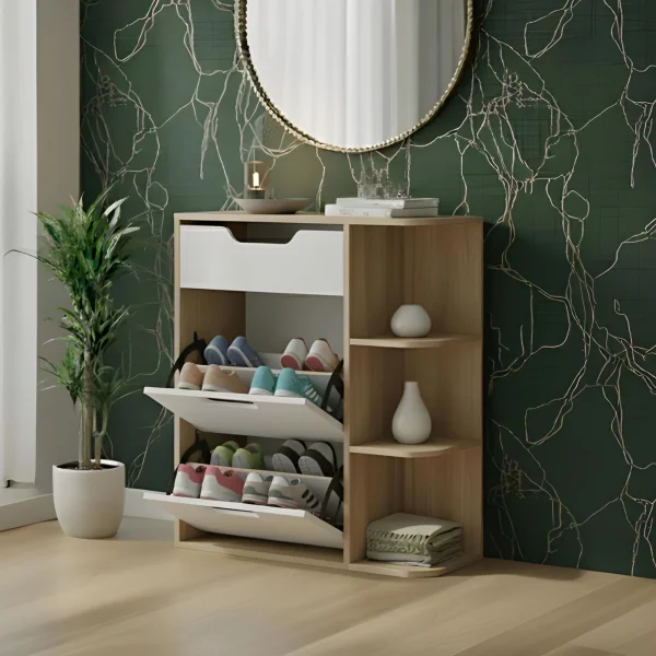 Mobile scarpiera ingresso 90x106h cm 1 cassetto 2 ante a ribalta 3 vani a vista rovere bianco Alma