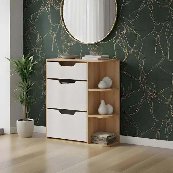Mobile scarpiera ingresso 90x106h cm 1 cassetto 2 ante a ribalta 3 vani a vista rovere bianco Alma
