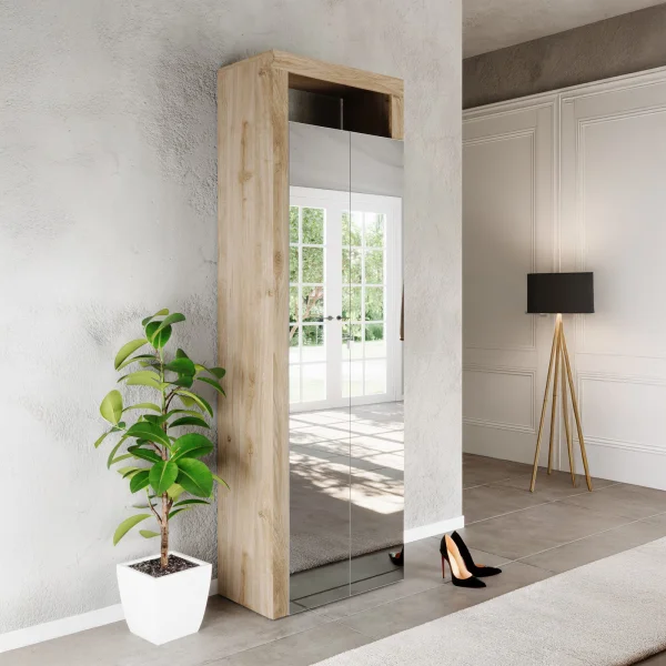 Mobile scarpiera multiuso ingresso 64x195h cm 2 ante a specchio bianco lucido rovere Invictus
