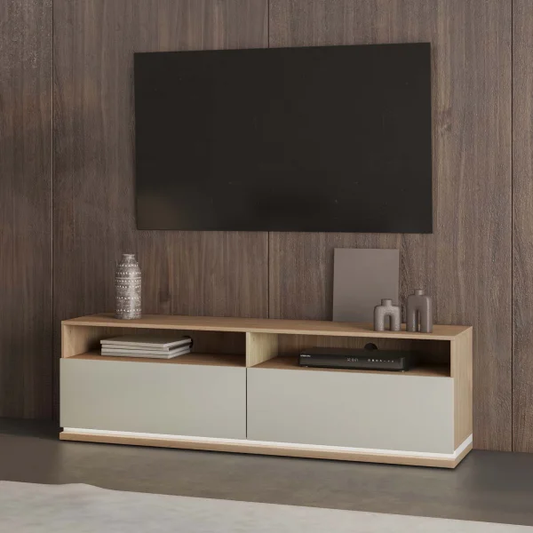 Mobile TV 160x49h cm 2 cassettoni con led beige rovere Lyve
