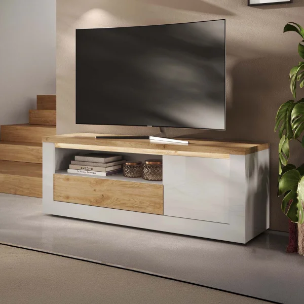 Mobile TV 160x58h cm 1 anta 1 cassetto con led bianco lucido rovere chiaro Istria