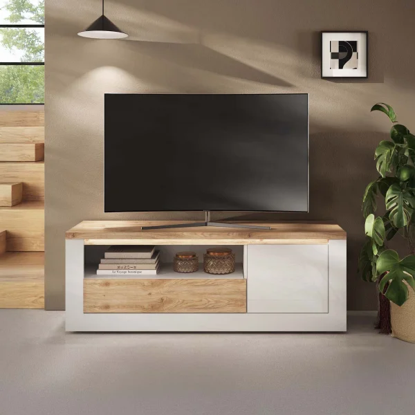Mobile TV 160x58h cm 1 anta 1 cassetto con led bianco lucido rovere chiaro Istria