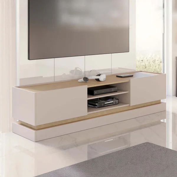 Mobile TV 200x47h cm 2 ante a ribalta 2 vani a vista beige rovere Rhea