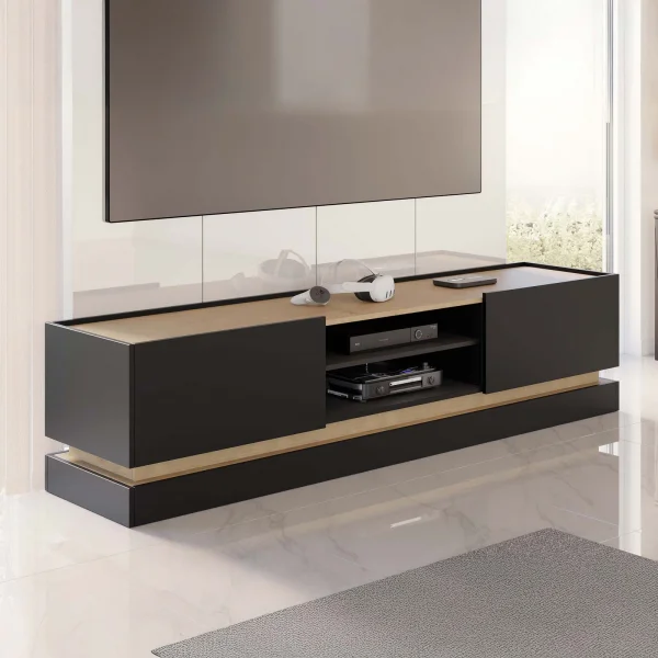 Mobile TV 200x47h cm 2 ante a ribalta 2 vani a vista nero rovere Rhea
