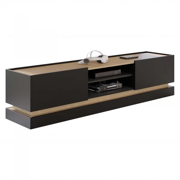 Mobile TV 200x47h cm 2 ante a ribalta 2 vani a vista nero rovere Rhea