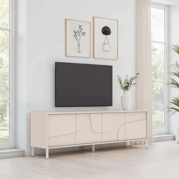 Mobile TV 205x62h cm 4 ante design in rilievo con piedini beige cashmere Sonia
