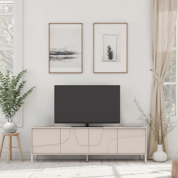 Mobile TV 205x62h cm 4 ante design in rilievo con piedini beige cashmere Sonia