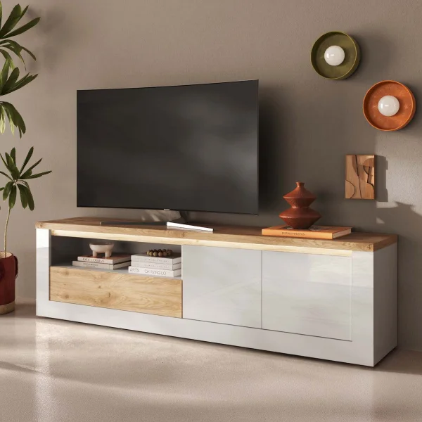 Mobile TV 207x58h cm 2 ante 1 cassetto con led bianco lucido rovere chiaro Istria