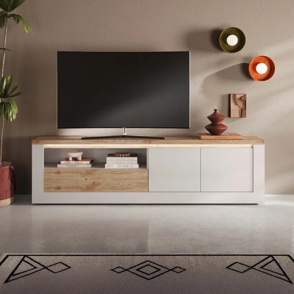 Mobile TV 207x58h cm 2 ante 1 cassetto con led bianco lucido rovere chiaro Istria