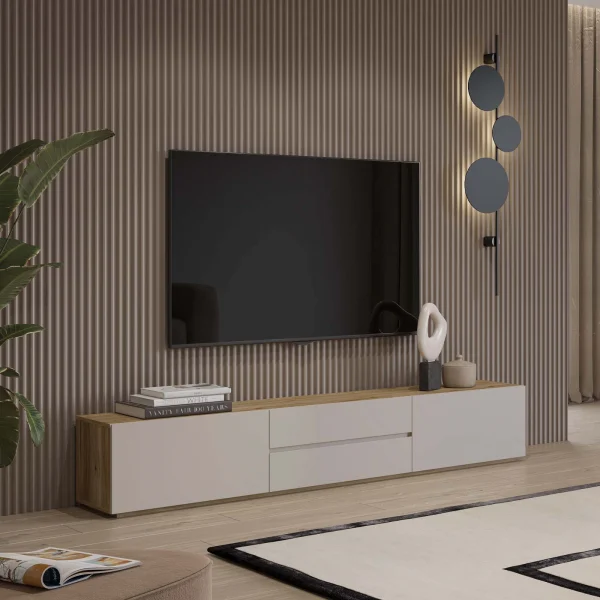 Mobile TV basso 200x36h cm 2 cassetti 2 ante a ribalta cashmere rovere Delia