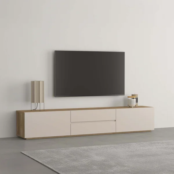 Mobile TV basso 200x36h cm 2 cassetti 2 ante a ribalta cashmere rovere Delia