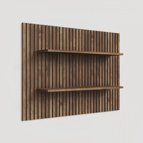 Pannello cannettato a muro 138x100h cm con 2 mensole rovere scuro Sunset Decor