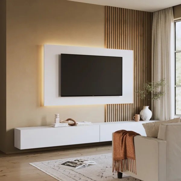 Pannello porta tv 180x100h cm bianco lucido Sunset