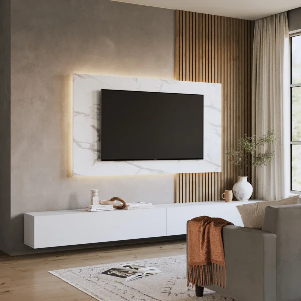 Pannello porta tv 180x100h cm effetto marmo bianco Sunset