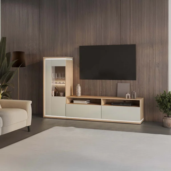 Parete attrezzata 215x135h cm con vetrinetta e mobile TV con led beige rovere Lyve