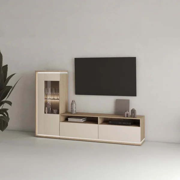 Parete attrezzata 215x135h cm con vetrinetta e mobile TV con led beige rovere Lyve