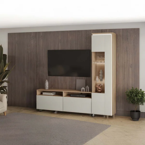 Parete attrezzata 215x201h cm con vetrinetta a colonna e mobile TV con led beige rovere Lyve