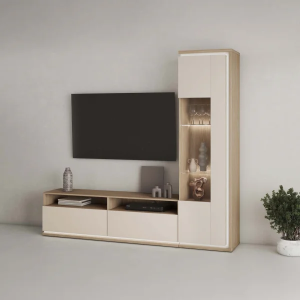 Parete attrezzata 215x201h cm con vetrinetta a colonna e mobile TV con led beige rovere Lyve