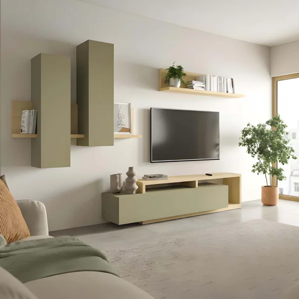 Parete attrezzata 219x205h cm soggiorno verde salvia rovere Megan Gihome®