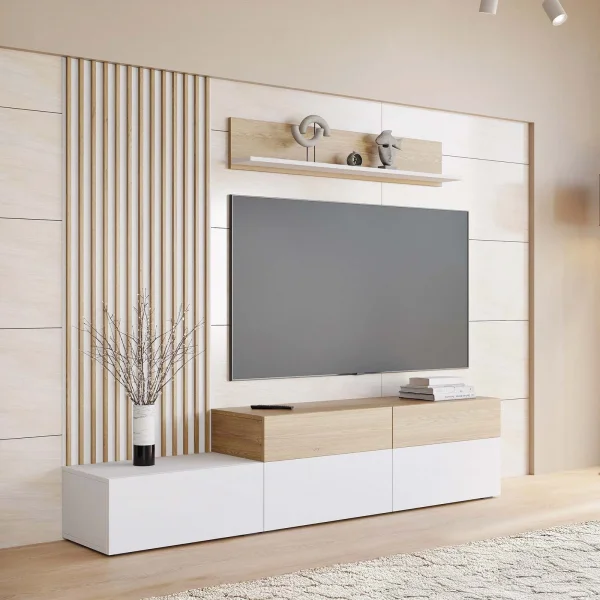 Parete attrezzata 225x209h cm con pannello cannettato bianco opaco rovere Orizon