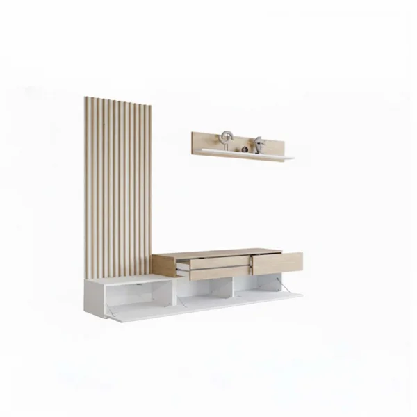 Parete attrezzata 225x209h cm con pannello cannettato bianco opaco rovere Orizon