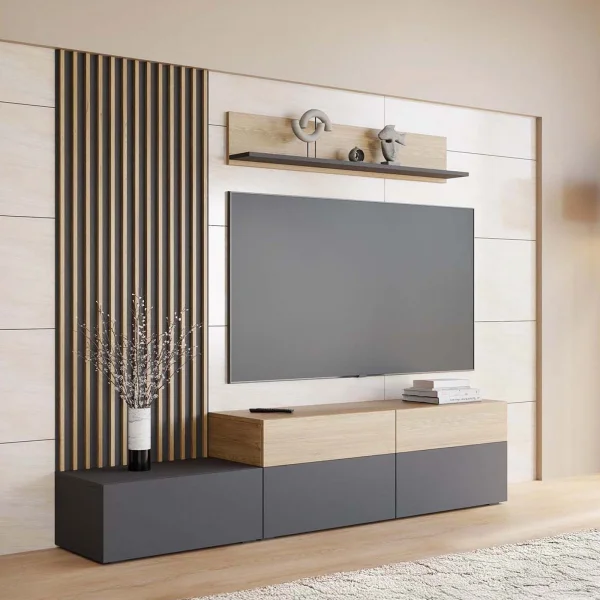 Parete attrezzata 225x209h cm con pannello cannettato grafite rovere Orizon
