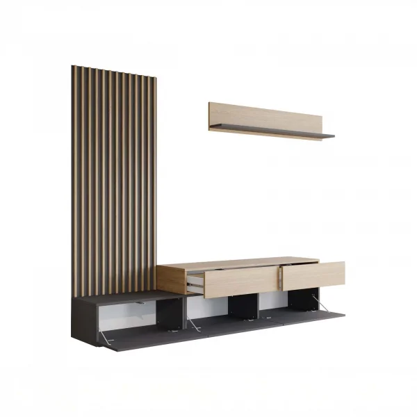 Parete attrezzata 225x209h cm con pannello cannettato grafite rovere Orizon
