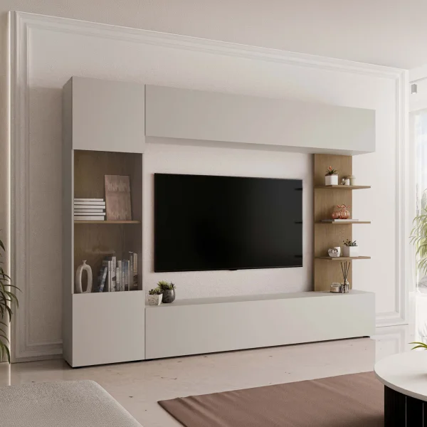 Parete attrezzata 250x187h cm soggiorno beige cashmere rovere Gracia